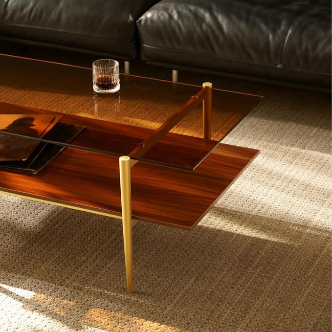 Saint Mossi Tadio Double Layer Glass Coffee Table for Living Room, Brown Glass & Coffee Brown MDF Bottom Shelf | Double Layer, for Living Room, Bottom Shelf