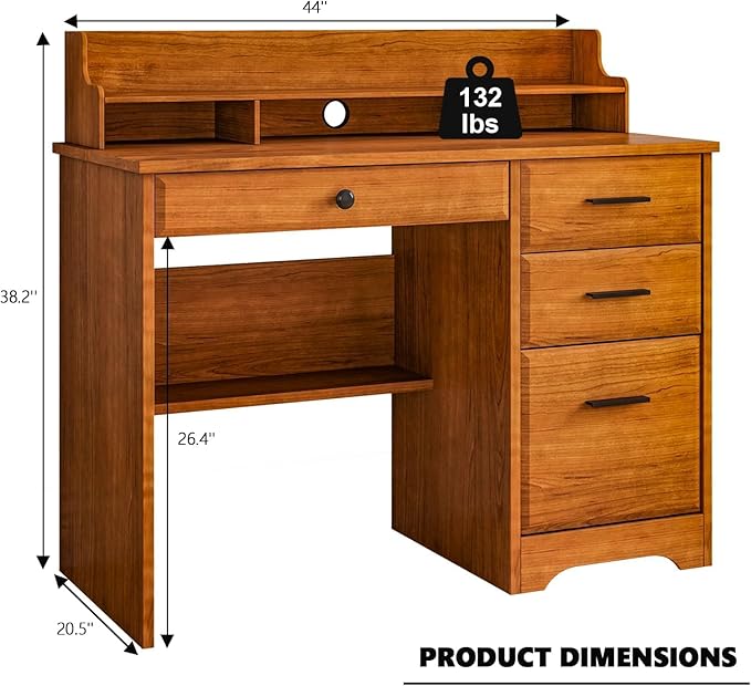 4 EVER WINNER Small Desk with Drawers for Small Spaces, 44'' Wood Desk with File Drawer & Monitor Stand, Office Desks Writing Study Table for Bedroom, Living Room, Brown