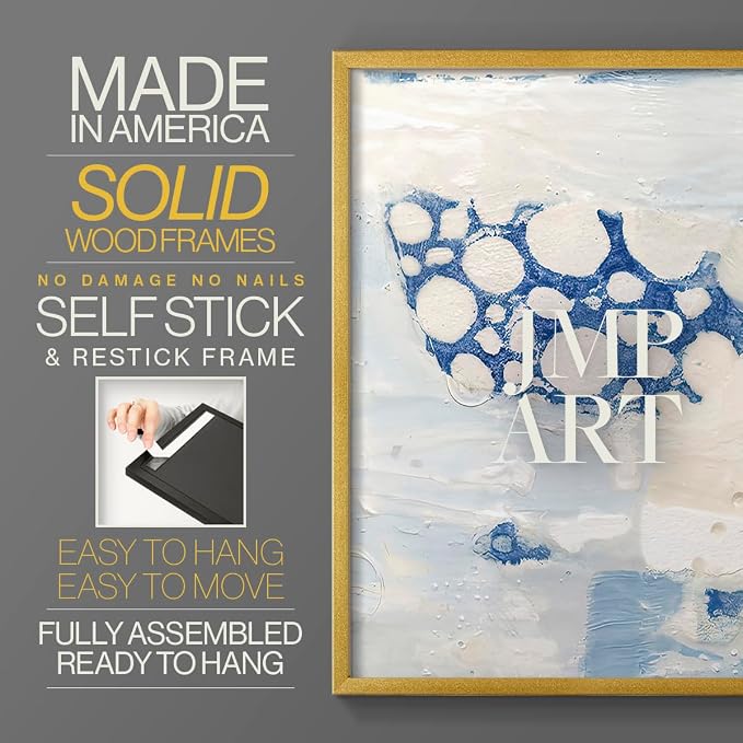 Renditions Gallery Set of 2 Peel & Stick Framed Prints, Textured Abstract Wall Art, White Blue Bubble Like Pattern Wall Decor, Re-Stickable - Ready to Hang - 22"x28" - GOLD Frame LT588