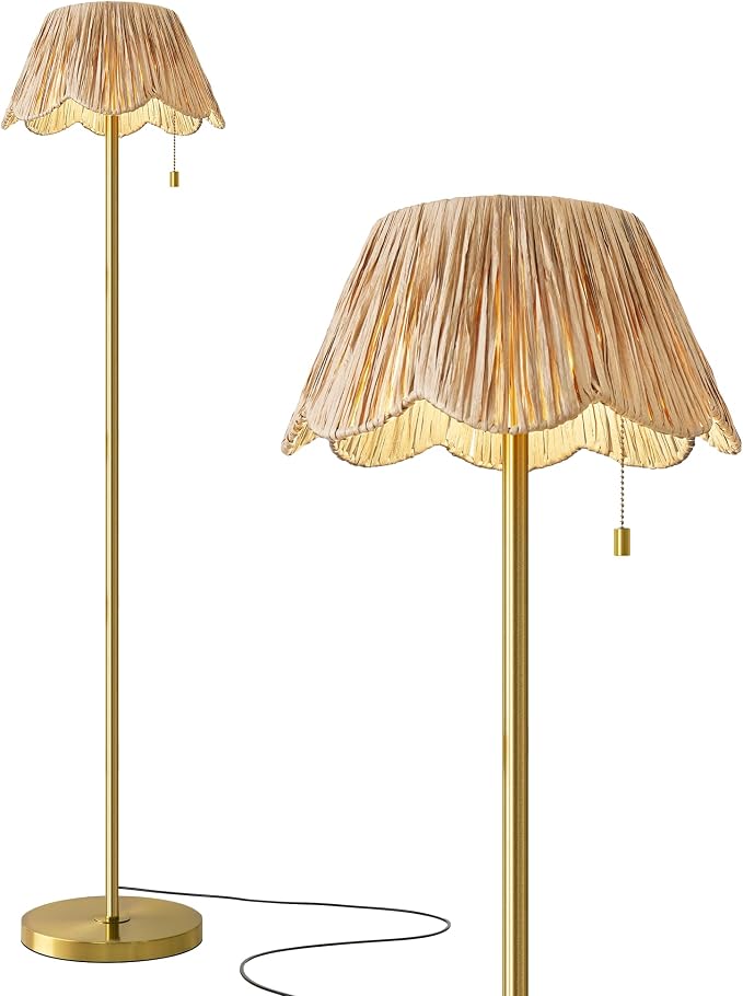 OYEARS 65" Boho Floor Lamps for Living Room, Rattan Floor Lamp, Pull Chain Switch, Gold Standing Lamp with Hand-Woven Shade, Farmhouse Tall Lamps for Nursery, Metal Base&Pole, Bulb not Included, Gold