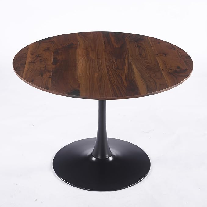 KEIKI 42.1" Round Dining Table, Mid Century Modern Bistro Table with Thickened MDF Tabletop & Metal Pedestal, for 4-6 People, Small Places, Cafe, Kitchen, Living Room, Walnut