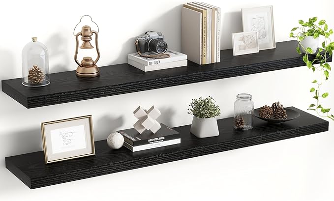 48 Inch Floating Shelves, 8 Inch Deep Floating Shelves for Wall, Hanging Shelf with Invisible Brackets, Deep Shelves for Bathroom, Bedroom, Living Room, Black, Set of 2