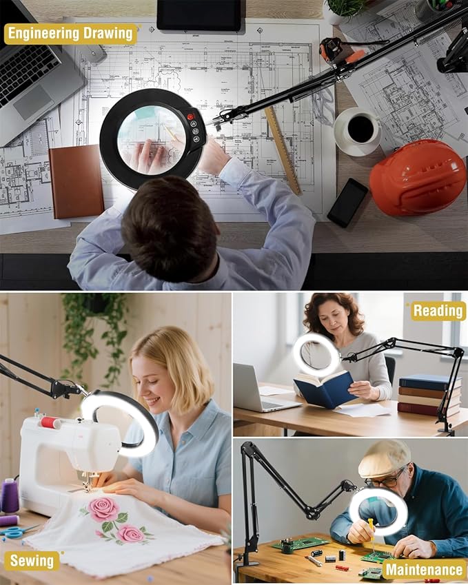 10X Magnifying Glass with Light and Clamp, Ultra Long 3 Section Swing Arm LED Desk Lamp, Real Glass Lens, 5 Color Modes Dimmable, Hands Free Lighted Magnifier with Stand for Repair Craft Close Work