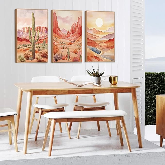 HLNIUC Boho Desert Plant Framed Canvas Wall Art Set,Southwestern Sun Mountain Wall Decor,Cactus Sunset Landscape Wall Painting,Watercolor Abstract Desert Art Prints for Living Room,Office - 24”x36”x3