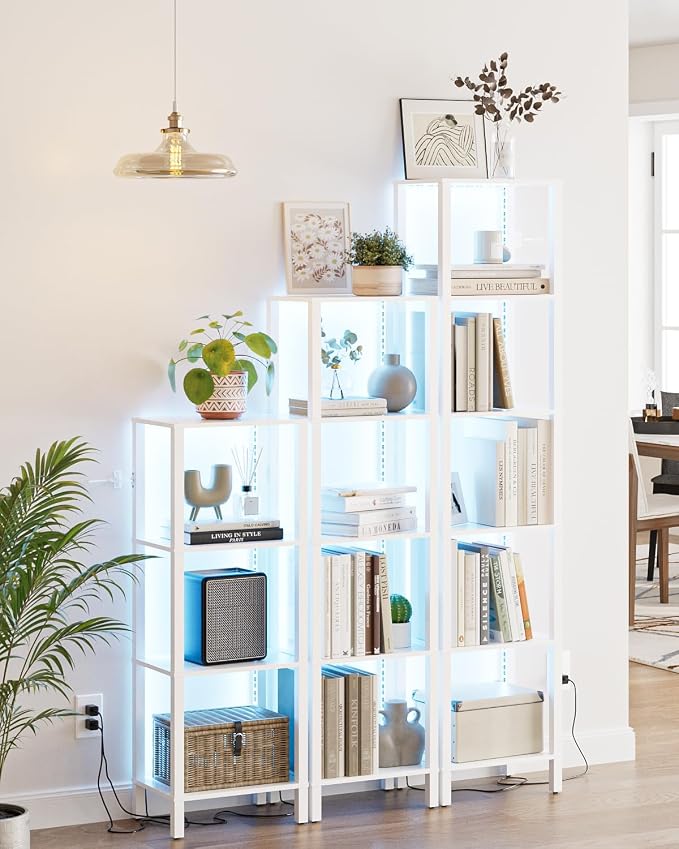 Open Book Shelf with LED Lights, 4 Tier Small Bookshelf, Narrow Freestanding Shelf Bookcase with Open Shelves, 14.96" x 10.63" x 41.26", Book Shelves for Living Room, Office, Study, White