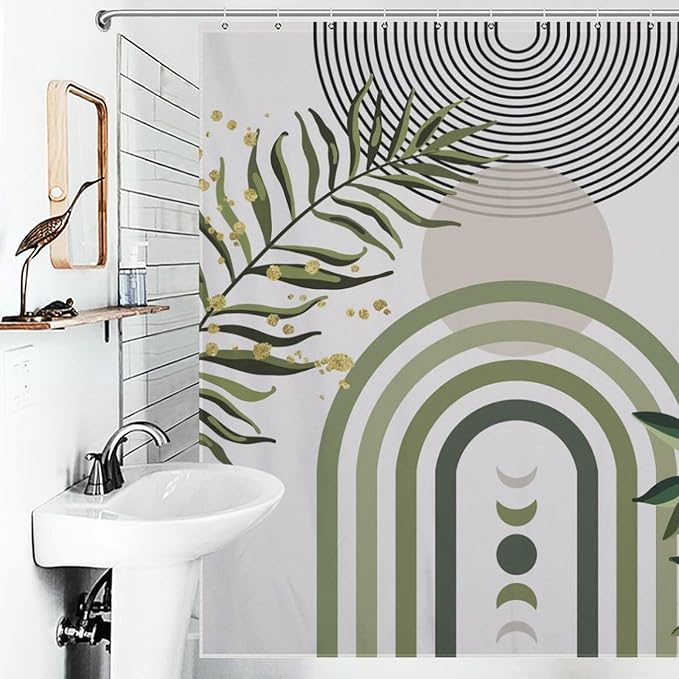 Boho Plant Shower Curtain,Mid Century Green Plant Leaves Shower Curtain Set for Bathroom,Bohemian Modern Abstract Minimalist Fabric Bath Curtain with Hooks,72x72Inch