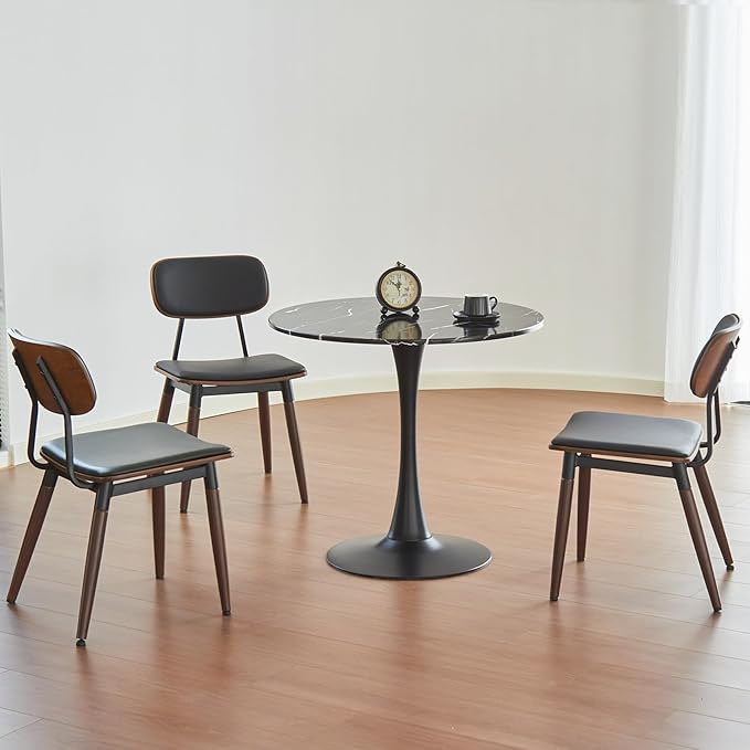 Round Dining Table, 31.5" Circle Tulip Table with Thickened Tabletop & Metal Pedestal, Mid Century Modern Bistro Table for Kitchen, Small Places, Living Room, Cafe (Marble Pattern Black)