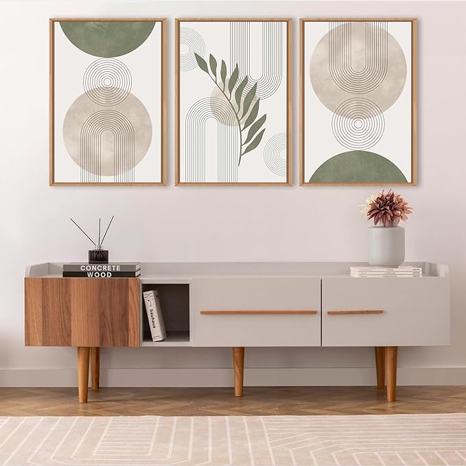 HPINUB Sage Green Boho Framed Canvas Wall Art Set, Minimalist Beige Green Botanical Wall Decor, Abstract Geometric Line Leaf Canvas Painting for Living Room, Bedroom, Dining Room, Office Decor-24"x36"x3