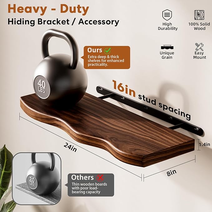 Floating Shelves for Wall, 24 inch Rustic Wooden Floating Shelves, Wall-Mounted Floating Bookshelf, Hanging Shelves with Unique Natural Grain for Living Room, Bedroom, Kitchen (Walnut Color)