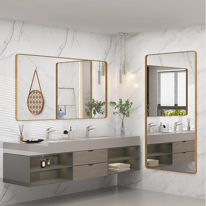 66x36 Inch Gold Bathroom Mirror, Brushed Metal Frame Gold Vanity Mirror, Large Rectangle Mirror for Wall, Rounded Corner, Shatterproof, Anti-Rust (Horizontal/Vertical)