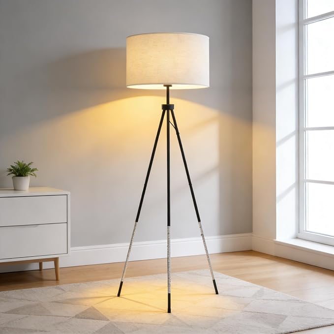 JOOFO Tripod Floor Lamp with Remote Control, Stepless Dimmable Tall Floor Lamp with Fabric Shade, Acrylic Bubble & Metal Pole Design, Modern Standing Lamp for Living Room Bedroom, Brushed Black