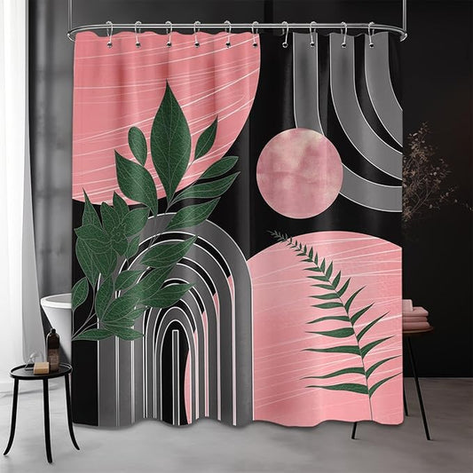Black and Pink Shower Curtain Boho Mid Century Dark Pink and Grey and Green Shower Curtains for Bathroom Decor, Waterproof Cloth Fabric with Hooks, 70" W x 72" L