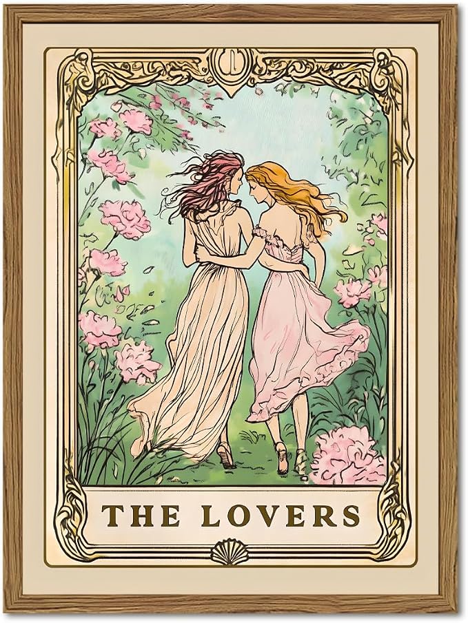 Trendy The Lovers Tarot Card Wall Art Vintage Girl Wall Decor Painting, Mid Century Couples Poster Canvas Print Picture for Living Room Bedroom 12x16 inch Wood Framed