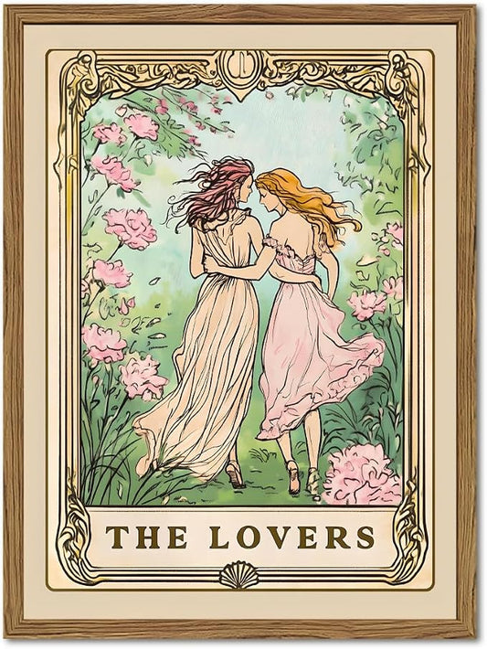 Trendy The Lovers Tarot Card Wall Art Vintage Girl Wall Decor Painting, Mid Century Couples Poster Canvas Print Picture for Living Room Bedroom 16x24 inch Wood Framed