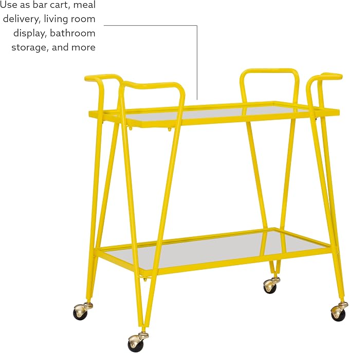 Linon Gina Yellow Mid Century Bar Cart with Mirrored Shelves