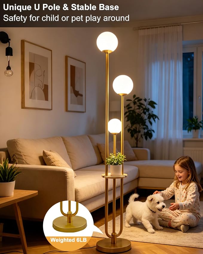Lightdot Gold Globe Floor Lamp 3-Lights Dimmable Floor Lamps with Tray& Bulbs Included Unique Floor Lamp Modern Standing Lamps with 5Lbs Heavy Base for Living Room/Bedroom//Sofa Beside/Corner Decor