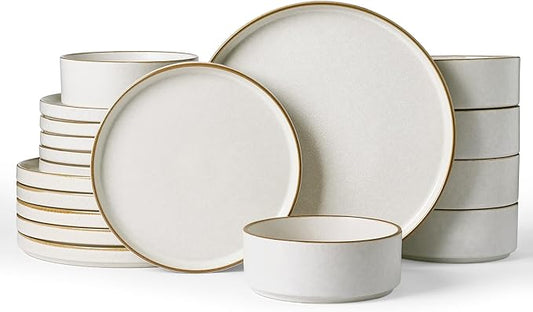 Famiware Nebula Plates and Bowls Sets, 18 Pieces Stoneware Dinnerware Sets, Reactive Glaze Dish Set, Dishes Set for 6, Matte Beige White with Brown Rim