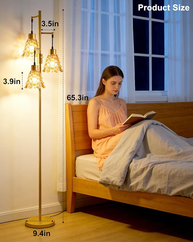 3-Light Modern Glass Floor Lamp, Gold Standing Tall Lamp with Amber Pinecone Glass Shade for Reading, Dimmable LED Floor Lamp with 5Lbs Heavy Base for Living Room Bedroom Home Decor, Bulb Included