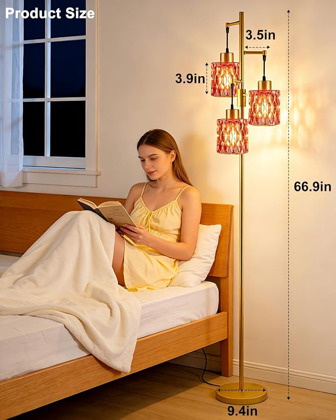 3-Light Modern Glass Floor Lamp, Gold Standing Tall Lamp with Deep Red Cylinder Glass Shade for Reading, Dimmable LED Floor Lamp with 5Lbs Heavy Base for Living Room Bedroom Home Decor, Bulb Included