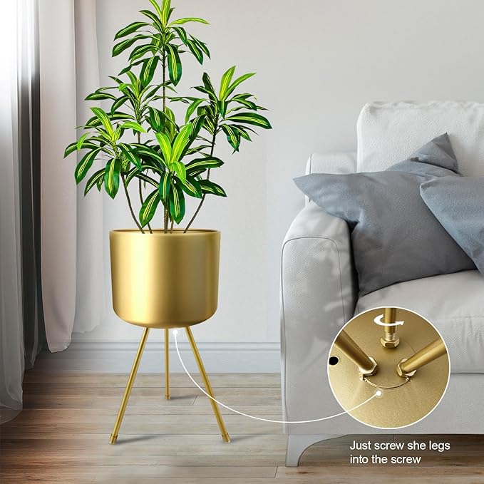 Mid-Century Metal Flowerpot with Stands, Stylish Modern Floor-Standing Flowerpot,Suitable for Orchid, Aloe Indoor Outdoor Decoration 10'' Wide 20'' high (Large, Gold)