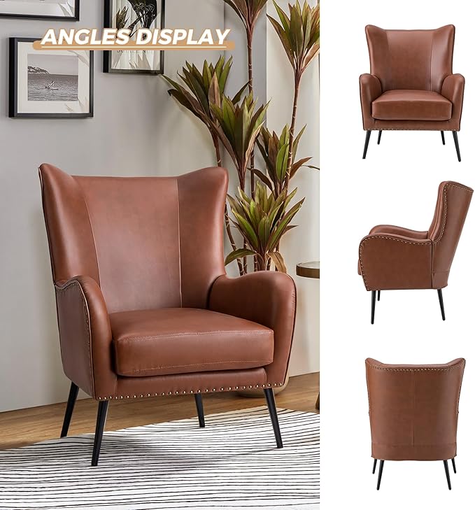 HULALA HOME Faux Leather Accent Chair Set of 2 with Removable Cushion, Comfy Upholstered Armchair with Metal Legs & Nailhead Trim Wingback Vanity Chair for Reading Living Room Bedroom, Brown