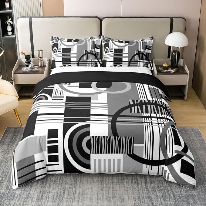 Erosebridal Art Deco Mid Century Duvet Cover Set Retro Modern Abstract Geometric 100% Cotton Comforter Cover Black and White Grey Circles Stripes Queen Bedding Sets, Contemporary Bed Sets