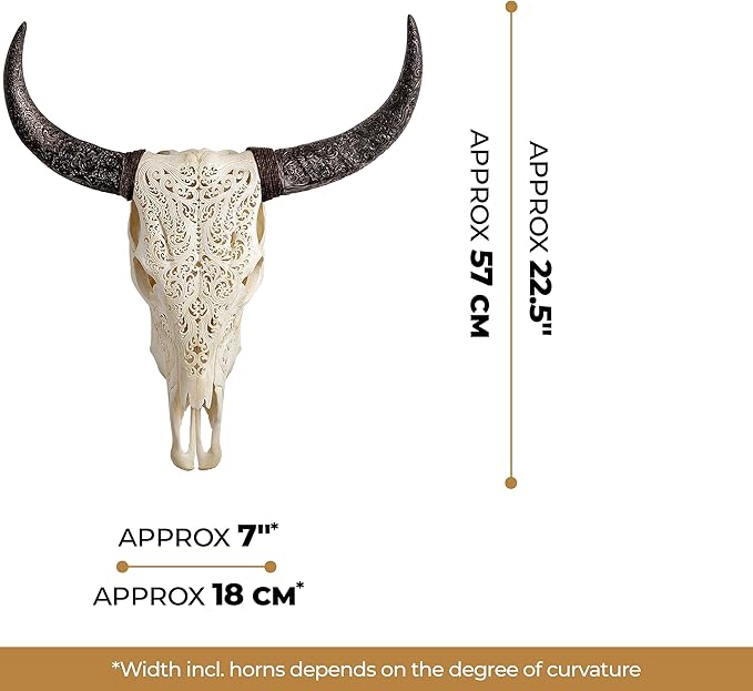 Skull Bliss - Hand-Carved Real Authentic Taxidermy Cow Skull/Bull Skull Wall Decor with Horns/Real Animal Cow Skull Wall Decor (Hand-Carved Horns)