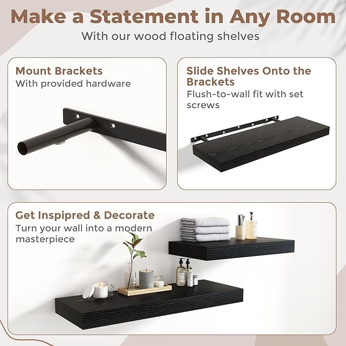 Marsmiles 12" Deep Floating Shelves for Wall with Invisible Brackets, Wall Mounted Engineered Wood Shelves with Wood Grain for Living Room, Bedroom, Kitchen Decor and Storage, 24" L Set of 2, Black