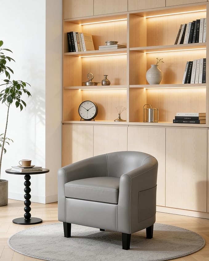 GarveeHome Accent Chairs Faux Leather Chairs Barrel Club Chairs Comfy Living Room Chairs with Sturdy Legs for Bedroom Reading Room Waiting Room(Gray)