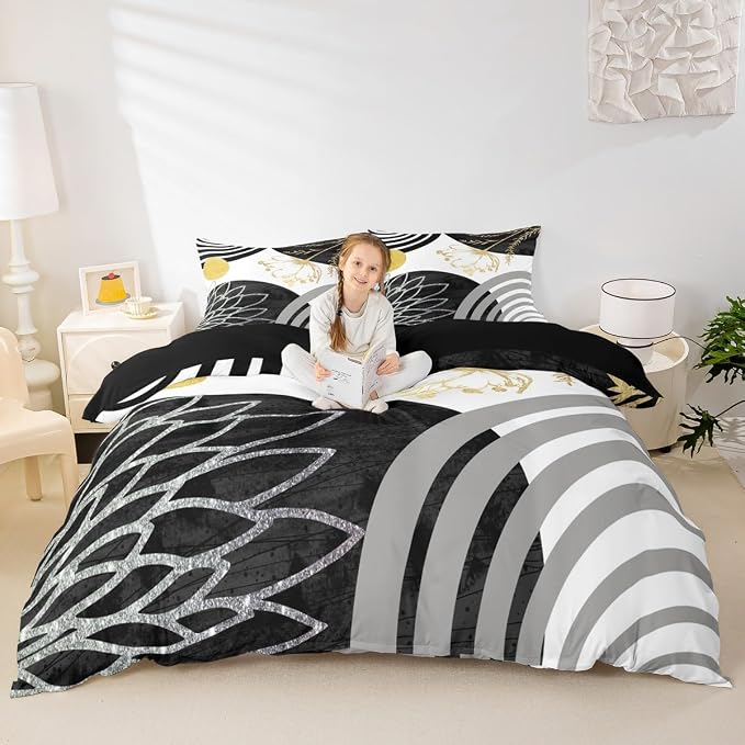 Erosebridal Mid Century Modern Queen Comforter Cover for Kids Teens Adults - Black and White Abstract Duvet Cover Boho Minimalist Aesthetic Bed Set Chic Modern Geometric Bohemian Floral Bedding Set
