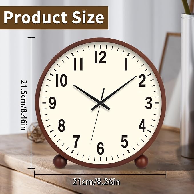 Maxspace Wooden Table Clock,8in Silent Non-Ticking Desk Clock,Battery Operated Desktop Analog Clock for Living Room Bedroom Kitchen Office Classroom Decor (Walnut - Cream Finish)