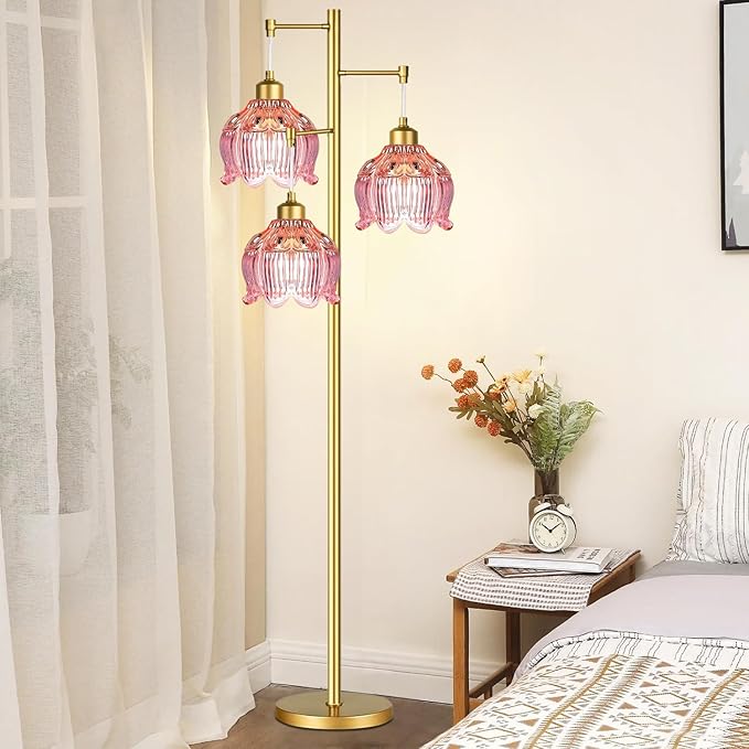Pink Floor Lamp for Living Room,Bedroom,Gold Mid Century Modern Standing Lamp Brass Tree 3 Light Tall Floor Lamps Retro Floor Lights Glass Flower Lamp Shade Girls Kids Boho Bohemian
