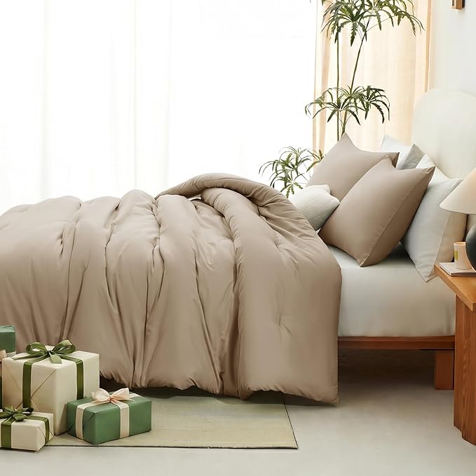 CozyLux King Size Comforter Set Taupe, 3 Pieces Lightweight Down Alternative Quilted Bedding Sets, All Season Soft Breathable Solid Comforter with 2 Pillowcases, Luxury Bed Set Gift for Home