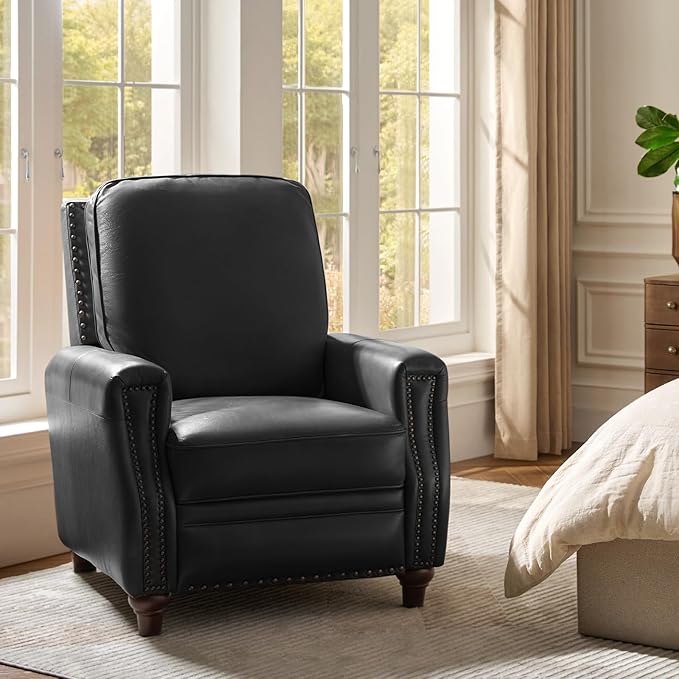 HULALA HOME Genuine Leather Recliner Chair, Classic Push Back Recliner Armchair with Thick Seat and Backrest (Black)
