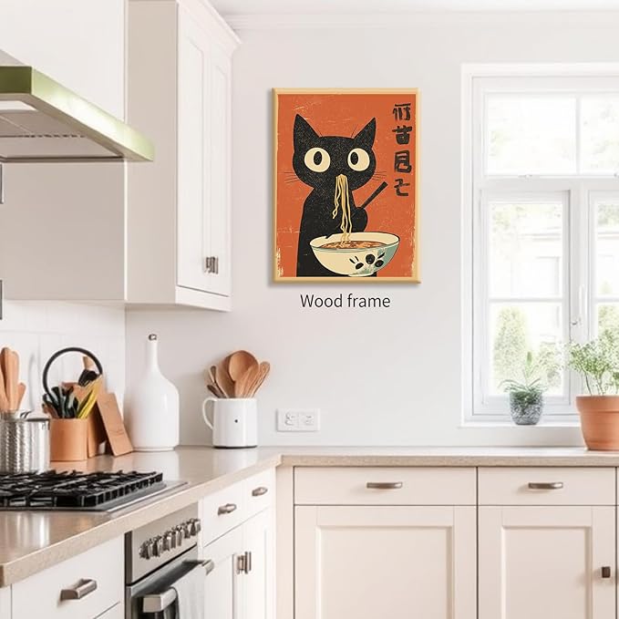 Funny Black Cat Eat Ramen Noodles Poster Vintage Japanese Kitchen Food Wall Art 24X36 inch Framed Whimsical Cute Animal Canvas Prints for Restaurant Wall Decor