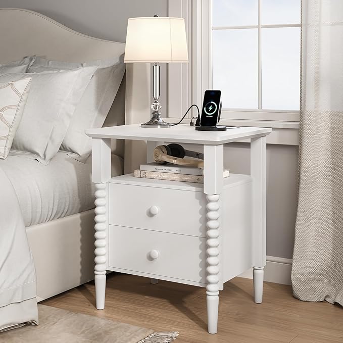 White Night Stand Set 2, Vintage Nightstand with Charging Station, Bedside Table with 2 Drawers, End Table with Solid Wood Legs, Bed Side Tables for Bedroom, White