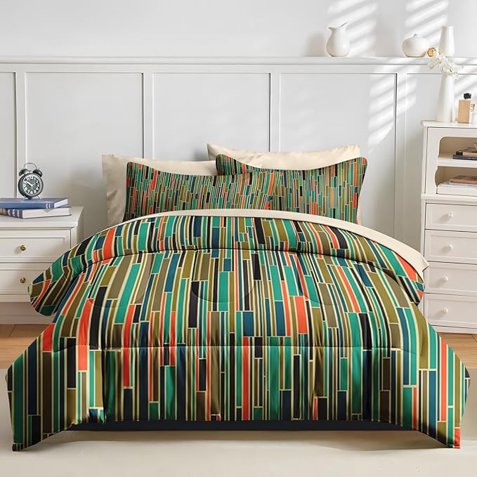 Nesker Comforter Set Twin Size, Mid Century Geometric Retro 5 Pcs Bedding for Kids and Adults, Stripe 50S Vintage Bed Sheet Sets with Fitted Sheet Pillowcase & Sham