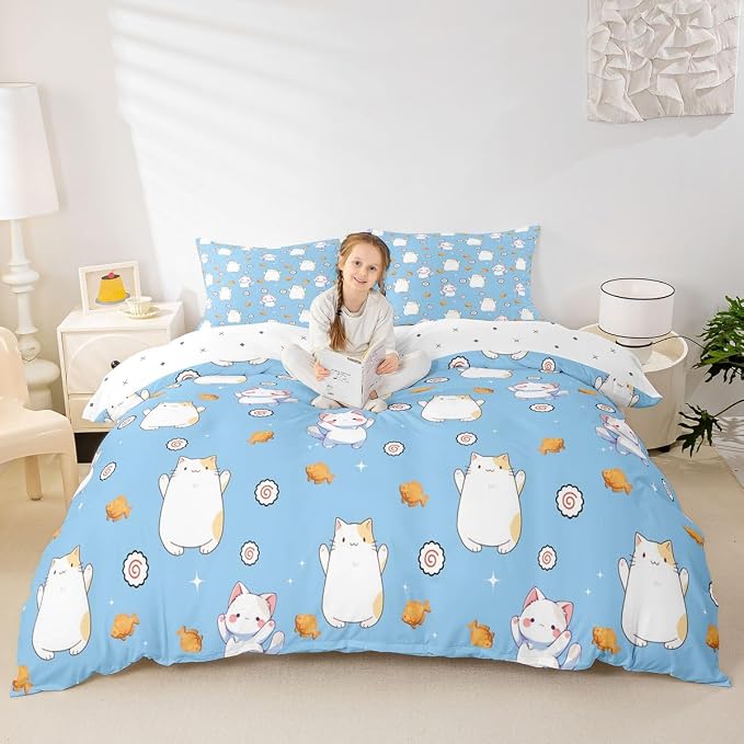 Erosebridal Cute Cat Duvet Cover Full Kawaii Cats Kitten Bedding Set Pet Animals Cat Lovers Comforter Cover for Kids Girls Boys Adults Sushi Snacks Blue Bed Set