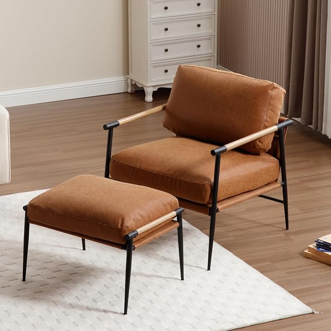 DUOMAY Mid Century Modern Accent Chair with Ottoman Set, PU Brown Upholstered Living Room Chair with Metal Legs Lazy Lounge Chair Set with Footrest for Bedroom Living Room