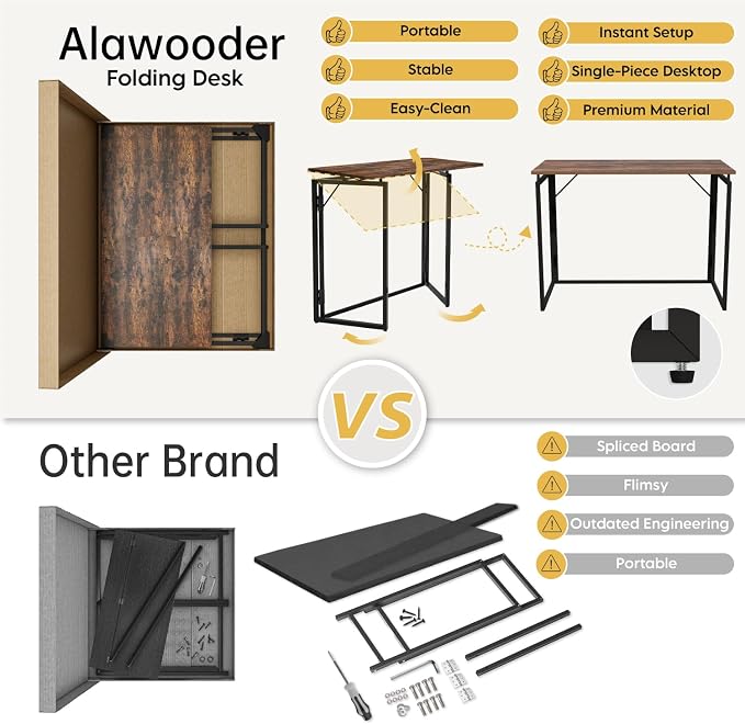alawooder Folding Desk - 39.4” Wood Top Foldable Desk for Small Spaces | No Assembly Required Compact Desk for Home Office, Writing, and Study