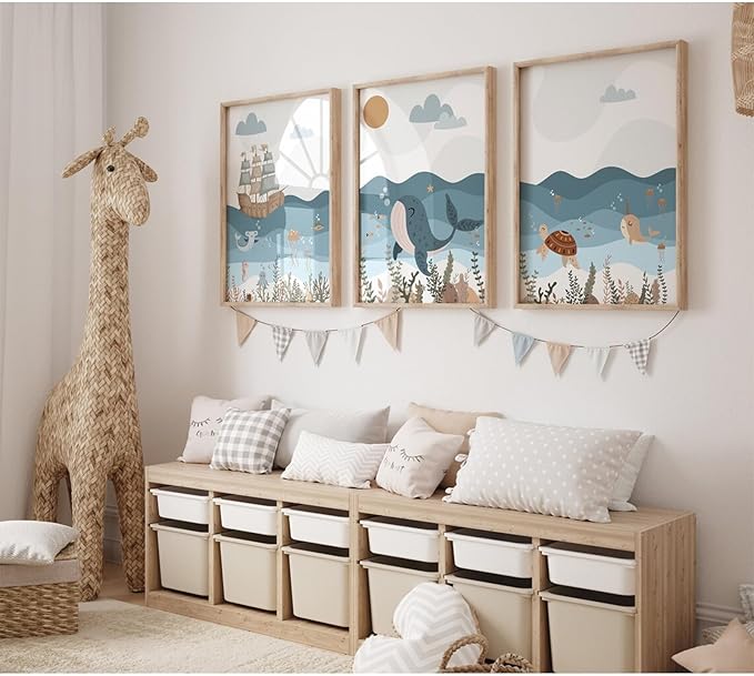 Ocean Nursery Wall Art Pictures Blue Nautical Canvas Art Beach Animal Wall Decor Baby Boys Room Wall Art Sea Whale Prints Ocean Nautical Poster for Nursery Baby Room 16x24 Inch Set of 3 Unframed