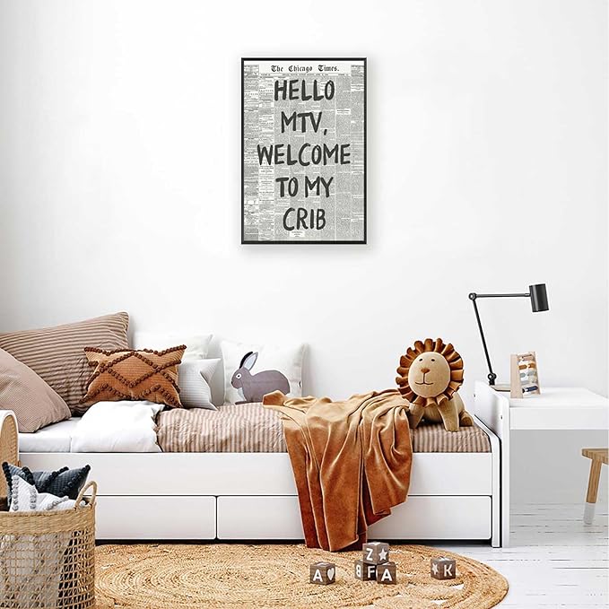 Hello Mtv Welcome To My Crib Poster Vintage Black And White Newspaper Canvas Wall Art Positive Affirming 70'S Room Aesthetic Prints Painting For Home Bedroom Dorm Wall Decor 8x12in Framed