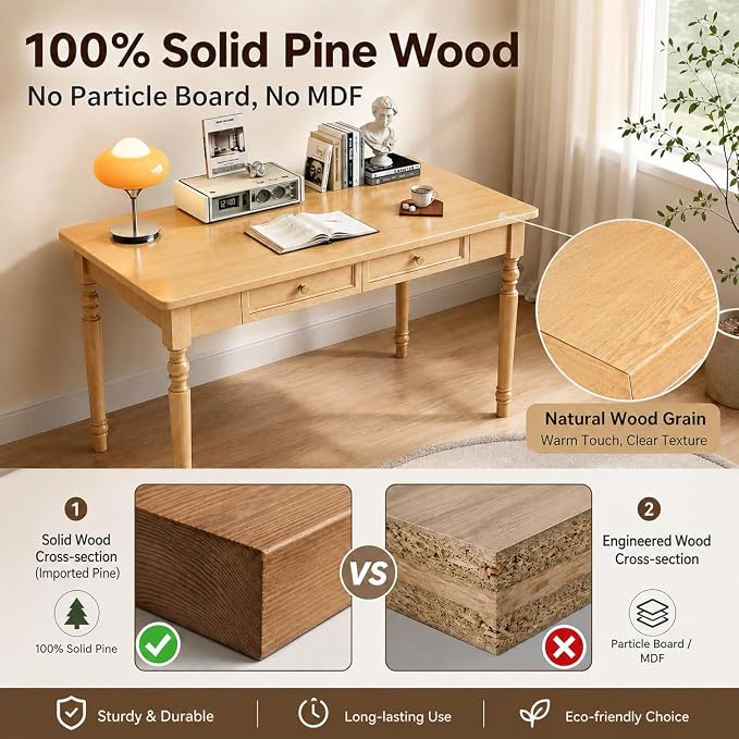 Walnut Writing Desks with Drawers, 47" Solid Wood French Country Style Computer Desk for Home Office, Living Room Study Workspace or Bedroom, Traditional Vanity Dressing Table