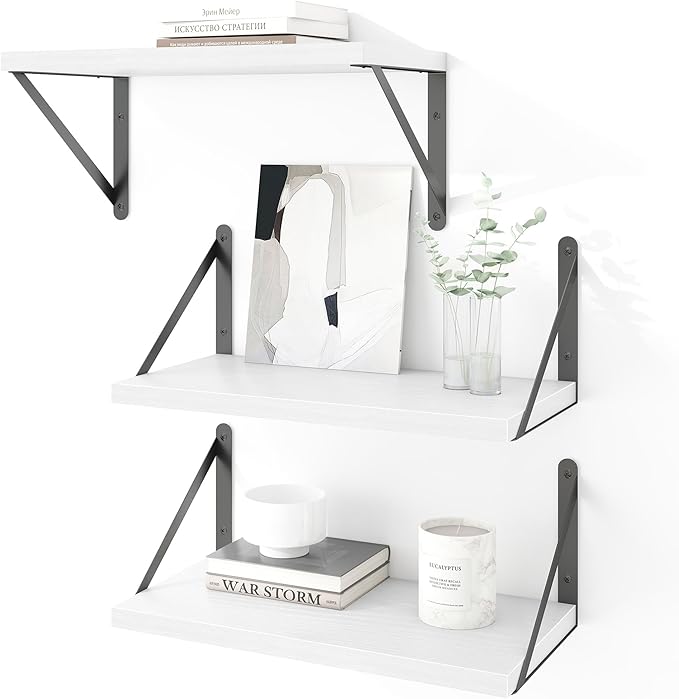 Heimlove Floating Shelves for Wall Set of 3,Light Wood Wall Mounted Bookshelf Decorative Shelf for Living Room Bathroom Kitchen Laundry Pictures Plants Books Cats TV,White