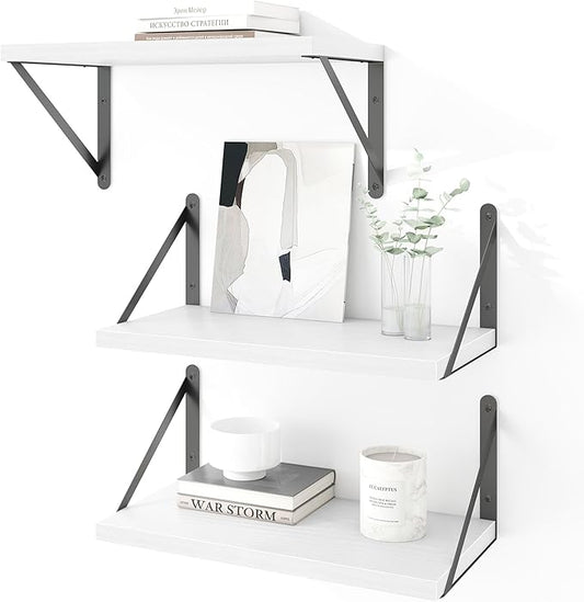 Heimlove Floating Shelves for Wall Set of 3,Light Wood Wall Mounted Bookshelf Decorative Shelf for Living Room Bathroom Kitchen Laundry Pictures Plants Books Cats TV,White