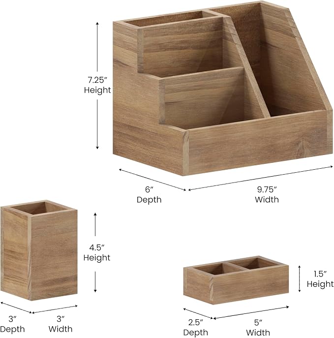 Merrick Lane Ceely 3 Wood Organizer Set - Rustic Brown Solid Pine Wood - For Desktop, Table Top, or Vanity