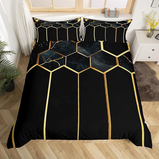 Erosebridal Marble Geometric Toddler Duvet Cover Honeycomb Comforter Cover for Kids Teens | Black Golden Beehive Hexagon Bedding Set Stripes Bed Set with 1 Pillow Case