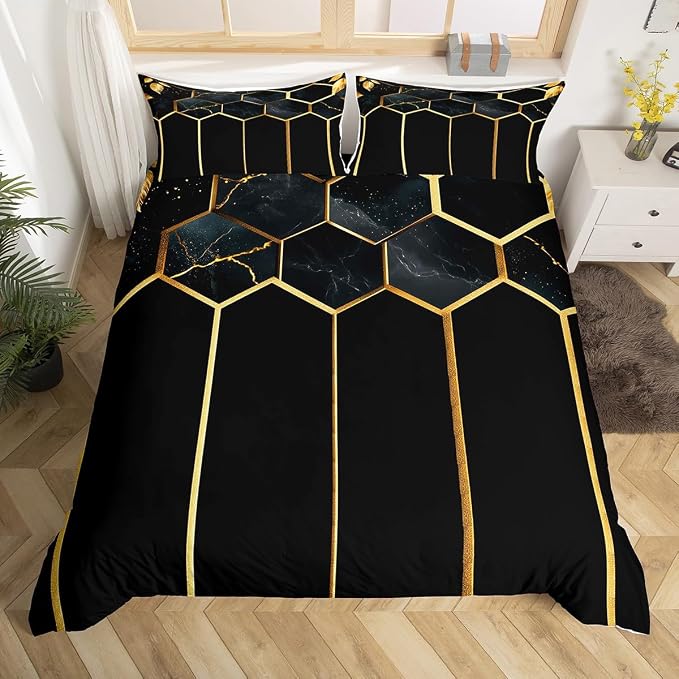 Erosebridal Marble Geometric Duvet Cover King Honeycomb Bedding Set for Kids Teens | Black Golden Beehive Hexagon Quilt Cover Stripes Bed Set with 2 Pillow Cases