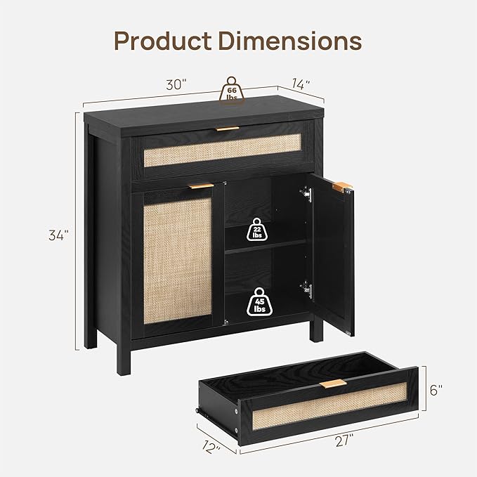 SICOTAS Sideboard Buffet Storage Cabinet Set of 2, Rattan Credenza Buffet Table, Modern Console Accent Cabinet with Doors and Drawer, Coffee Bar Cabinets for Kitchen Entryway Living Room, Black