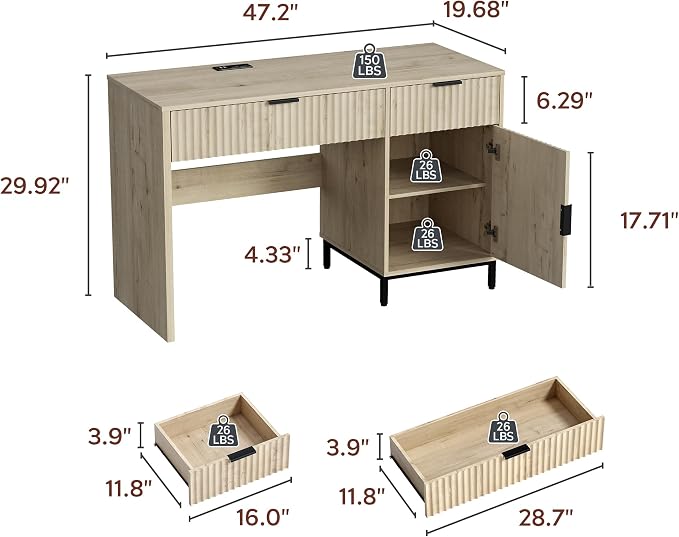 47" Home Office Desk with Fluted Drawers, Wood Exectuive Desk with Storage Cabinet, Charging Station, Metal Legs Modern Farmhouse Computer Desk for Work, Study Light Oak
